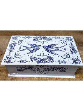 Blue & White Decorative Metal Tin Box With Bird & Floral Hinged Lid
